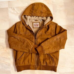 Levi’s Jacket Mens MED Brown Duck Cotton Canvas Denim Hood Coat Sherpa